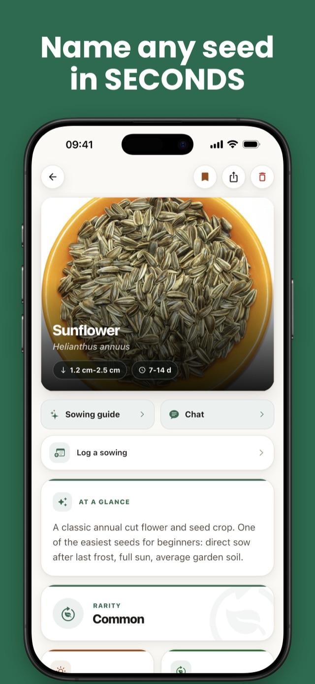 Seed identifier result naming a sunflower seed with sowing depth and germination window