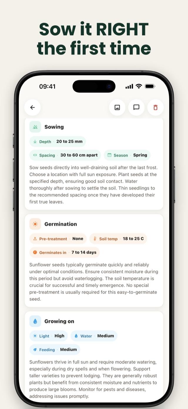 Sowing guide with depth, spacing, season, soil temperature and pre-treatment