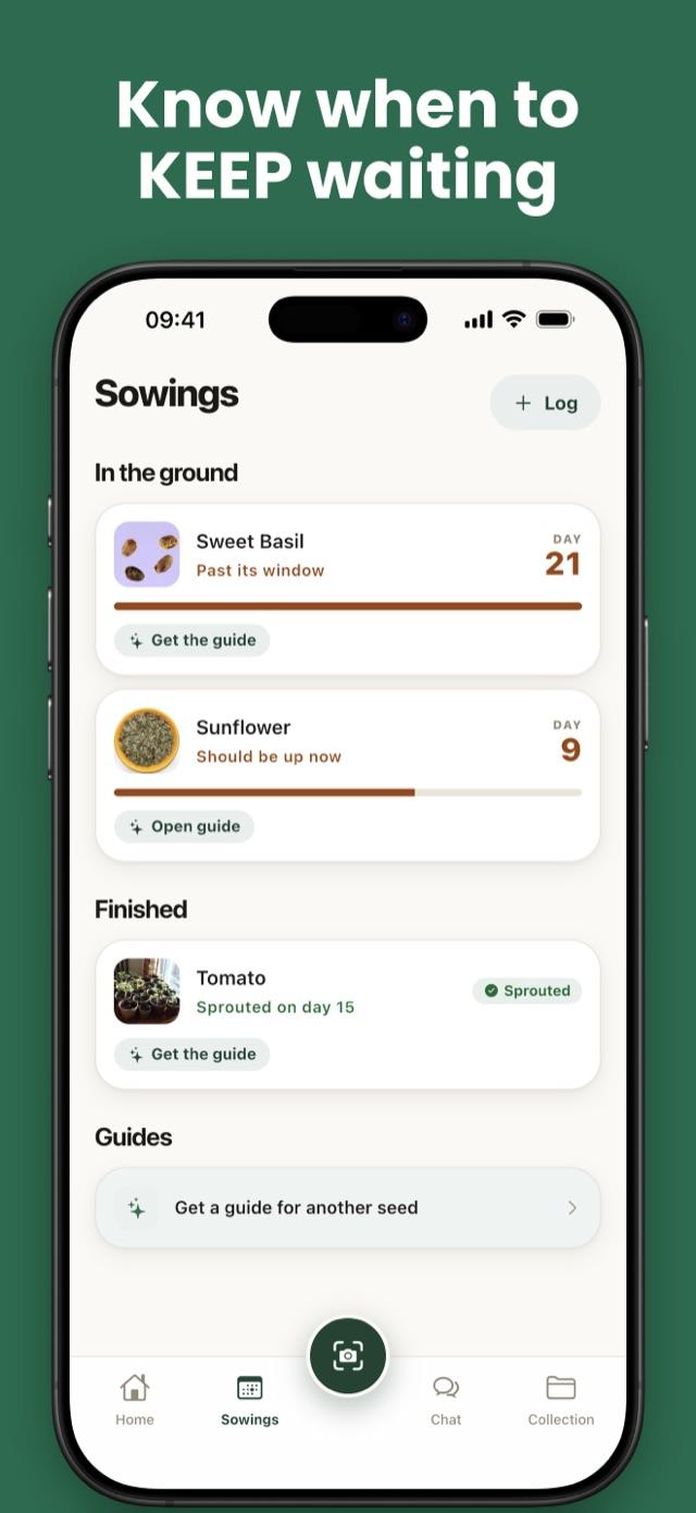 Sowing tracker counting days against each seed's germination window
