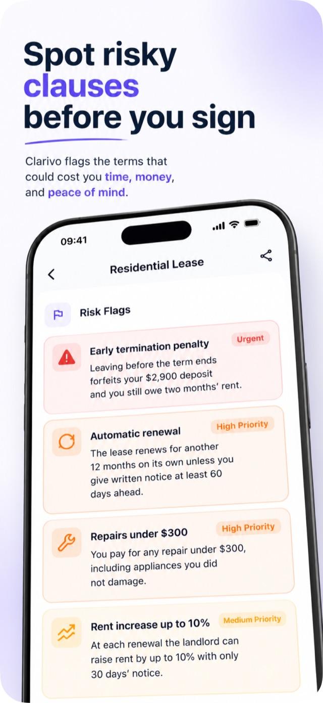 Risk analysis showing flagged clauses with severity scores