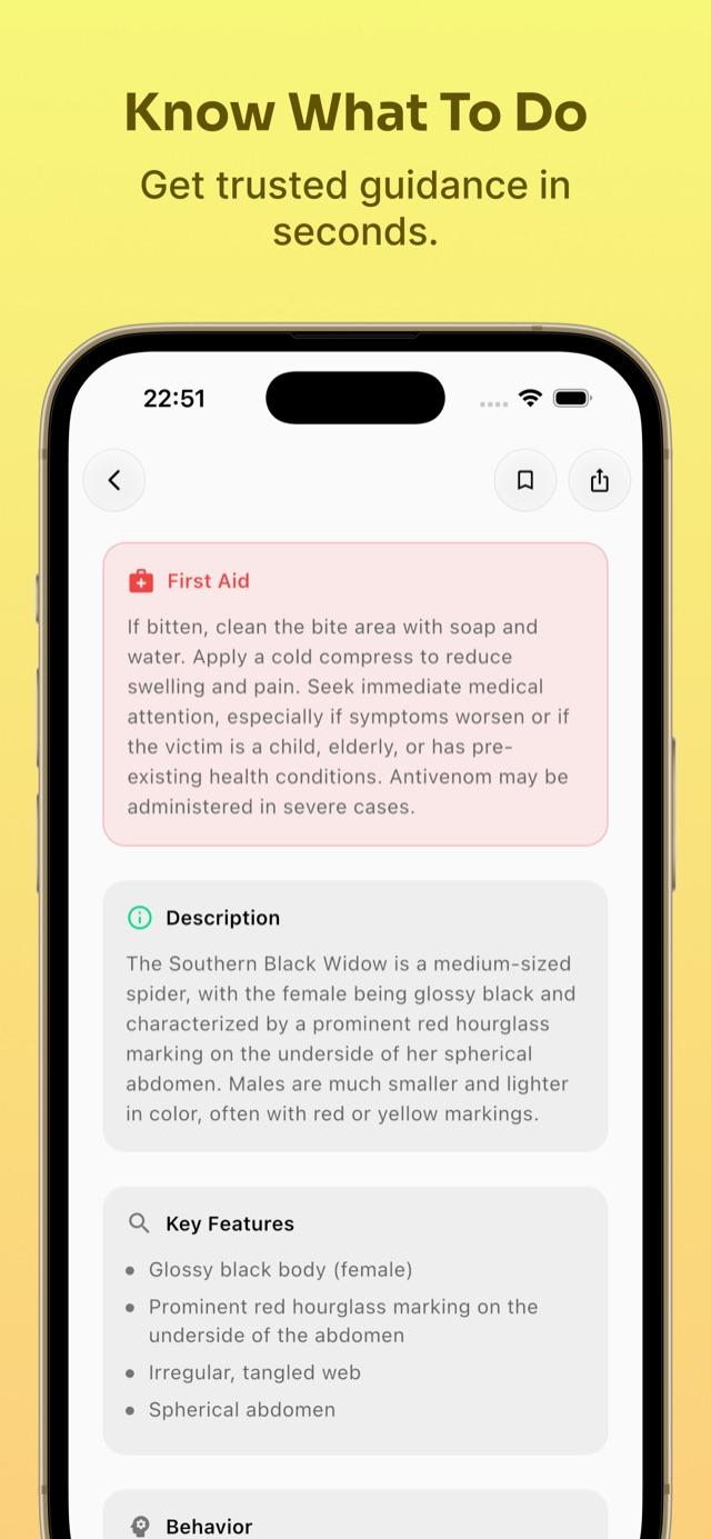 Spider detail page with bite and first aid information